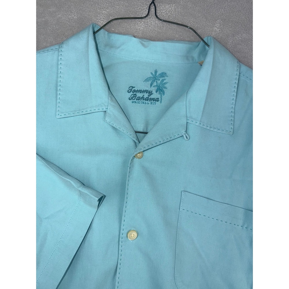 Tommy Bahama Mens Large Silk Button Shirt Light Blue/Green Short Sleeve Camp